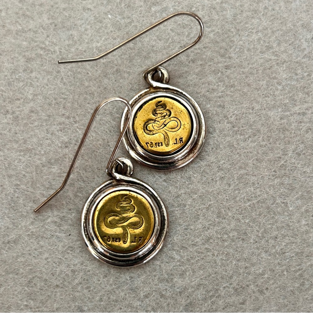 Vintage 90’s Ralph Lauren Sterling & Brass Snake Serpent Debossed Coin Earrings